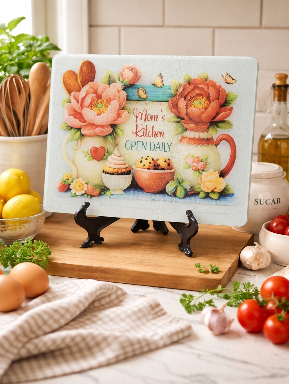 Mom's Kitchen Handcrafted Glass Cutting Board - NIB